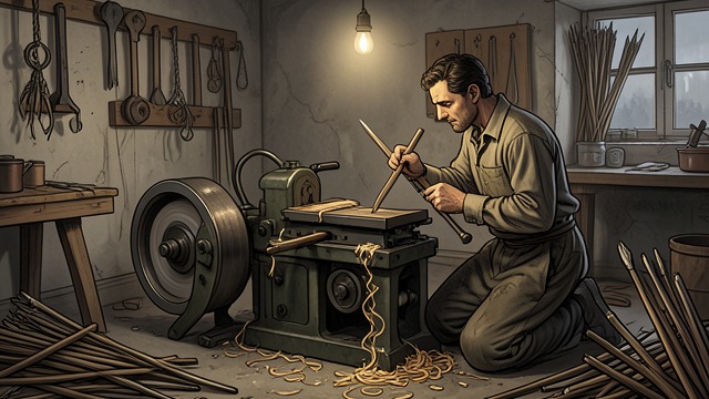 Manufacturing Stakes from "I Am Legend". Workshop Weapons Repetitive Production Robert Neville turns doweling into sharpened nine-inch stakes with a lathe and emery wheel.