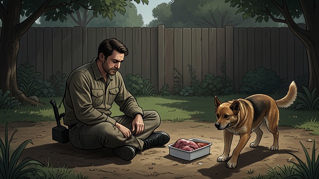 Trust Building from "I Am Legend". Patient Approach Food and Distance Robert Neville leaves milk and meat, remains still, and speaks softly while the dog approaches.