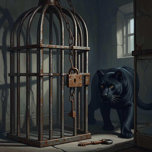 The Panther Cage and the Key from "Kiss of the Spider Woman". The cage and its key recur as signs of Irena’s fascination, self-restraint, and ultimate decision to release the animal.