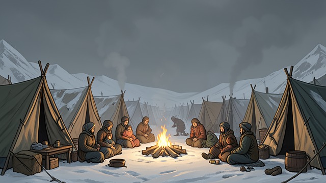 Frozen Camps from "World War Z". Frozen Camps Improvised Refuge Families gather around fires, expecting the cold to solve the problem.