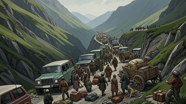 Mountain Flight from "World War Z". Mountain Flight Refugee Surge Sardar Khan witnesses millions fleeing through roads incapable of carrying them.