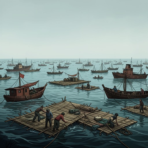 The Sea Of Refugees from "World War Z". This flow traces maritime flight from desperate improvisation to the creation of a new oceanic society.
