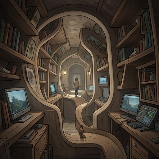 The Return Of The Labyrinth from "House of Leaves". This flow traces the labyrinth as a changing physical structure and as a model for memory, interpretation, and identity.