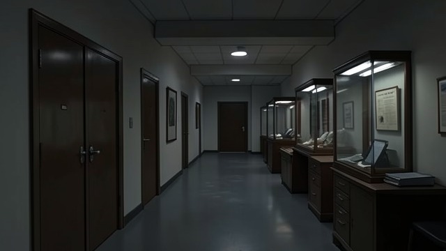 The First Hallway from "I'm Thinking of Ending Things". The First Hallway Institutional familiarity The narrator passes an office, lockers, classrooms, and display cases.