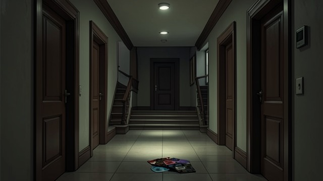 Repeated Corridors from "I'm Thinking of Ending Things". Repeated Corridors A confusing layout The narrator moves among similar hallways, doors, and stairs while trying to avoid the unseen worker.