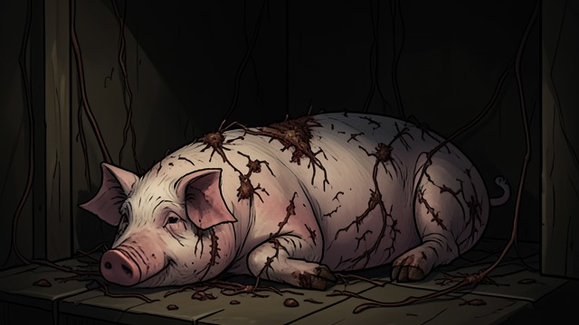 The Pigs’ Suffering from "I'm Thinking of Ending Things". The Pigs’ Suffering A hidden injury Jake explains that the old pigs were found covered in maggots after lying in one place for days.
