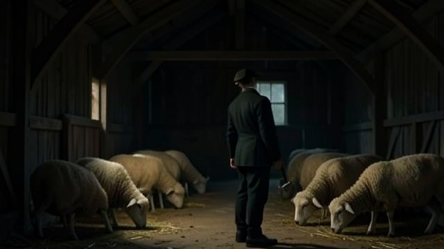 The Sheep in the Barn from "I'm Thinking of Ending Things". The Sheep in the Barn A quiet scene Jake shows the narrator the sheep in their dim barn. They chew cud and watch the visitors without much movement.
