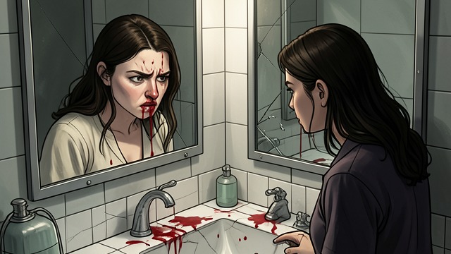 The Nosebleed from "I'm Thinking of Ending Things". The Nosebleed A sudden symptom After washing a crushed fly from the sink, the narrator notices blood falling from her nose.