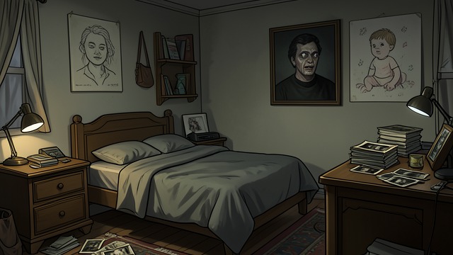 A Room Full of Clues from "I'm Thinking of Ending Things". A Room Full of Clues Images out of place The narrator finds close-up photographs, an unfamiliar portrait, and a childhood image that seems to resemble herself.