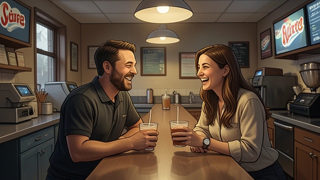 Laughter at the Dairy Queen from "I'm Thinking of Ending Things". Laughter at the Dairy Queen A good moment reappears The couple joke together after buying drinks at the Rural Dairy Queen.
