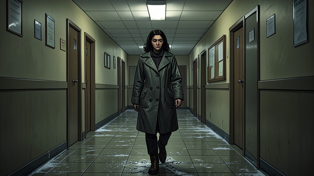 The First Search from "I'm Thinking of Ending Things". The First Search A missing companion The narrator calls for Jake and checks the halls, hoping to find him quickly. The building’s silence provides no answer.