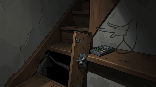 A Lock from Below from "I'm Thinking of Ending Things". A Lock from Below A practical oddity On the stairs, the narrator notices the trapdoor can be locked only from the basement side.