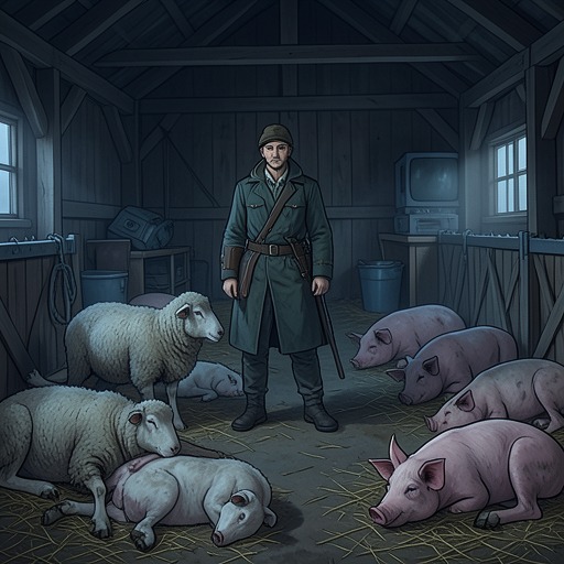The Farm Animals and Mortality from "I'm Thinking of Ending Things". The farm’s sheep, dead lambs, and suffering pigs make mortality concrete and foreshadow the book’s questions about whether death ends pain.