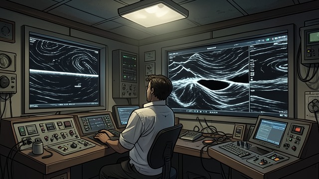 The Sonar Gap from "The Trench". The Sonar Gap A suspicious recording Terry examines the Proteus sonargram and notices that a sequence of sounds precedes a long, unexplained silence.