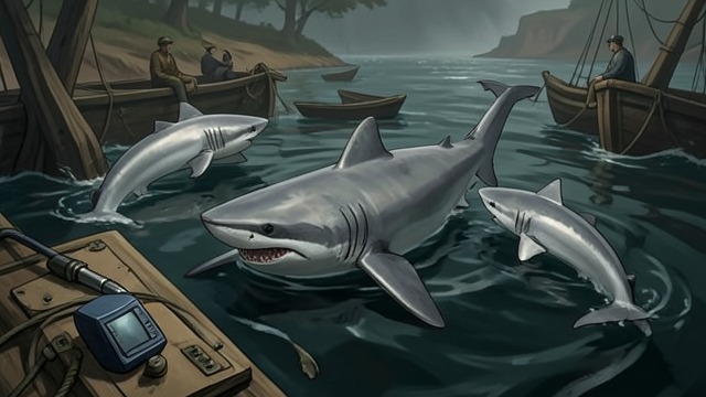 Sharks Gather at the Carcass from "The Trench". Sharks Gather at the Carcass The aftermath Several great white sharks circle the carcass after Angel has fed.