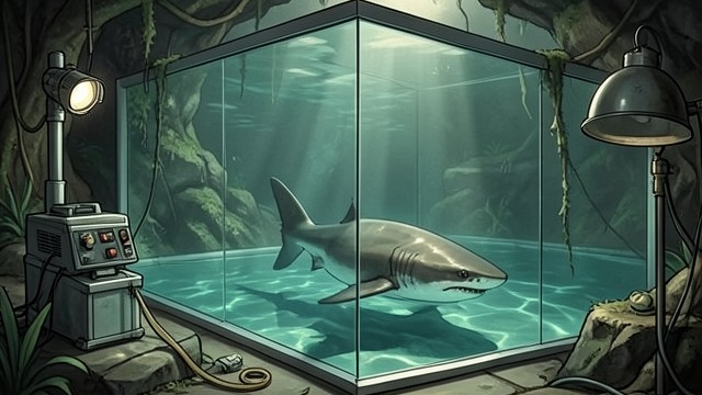 被打造成观赏项目的鲨鱼,《深海惊魂》中的场景。被打造成观赏项目的鲨鱼 自然被商品化 安吉尔被展示给付费观众,成为壮观而危险的观赏项目。研究所将一头强大的野生掠食者变成展品和收入来源。 将禁锢误认为掌控 潟湖的玻璃、钢制闸门和表演流程,让人们相信这头动物已受控制。她一次次发动攻击,揭示工程设施和表演都无法抹去她的生物本能。