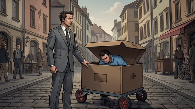A Carriage Without a Horse from "The Box Man". A Father Pulls the Cart An improvised arrival The dreamer reaches a town in a baggage cart drawn by his father, who hides inside a cardboard box rather than…