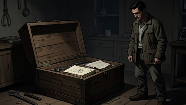 A Dead Box Found from "The Box Man". A Container Left Behind Traces of another life The narrator discovers a discarded box marked by repairs, pictures, tools, and graffiti.