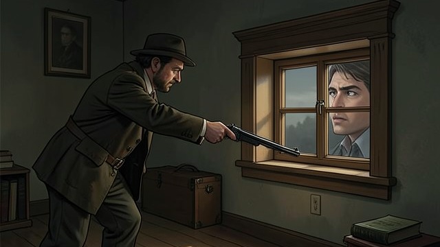 A Watches the Watcher from "The Box Man". A Returns the Gaze A’s attempted control A points an air rifle at the box below his window, but the box man directs the observation slit back toward him.