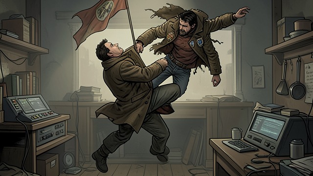 The Badge-Covered Beggar from "The Box Man". An Ambush from Above A sudden attack A beggar decorated with badges and small ornaments rushes the narrator and thrusts a small rising-sun flag down through…