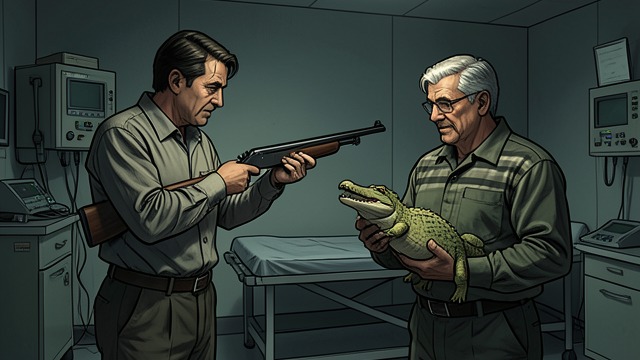 The Clinic Gunfight from "The Box Man". A Box Man Strikes Back Weapons exposed The fake box man aims an air rifle at the narrator.