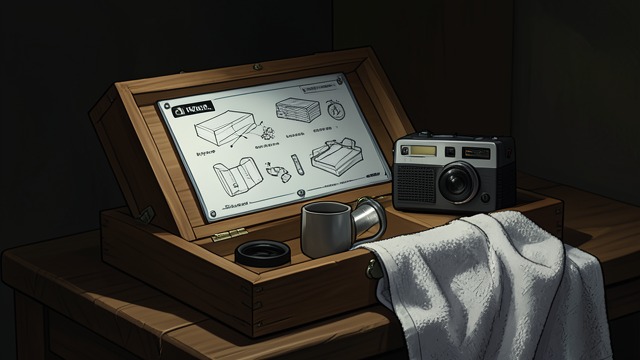 The Essential Kit from "The Box Man". A Compact Household Necessary objects The narrator lists items such as a radio, mug, thermos, flashlight, and towel.