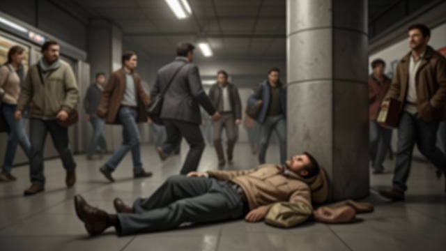 The Dead Man Unnoticed from "The Box Man". A Death Among Commuters A body beside the pillar A vagrant dies in a busy underground passage while passengers pass by for hours.