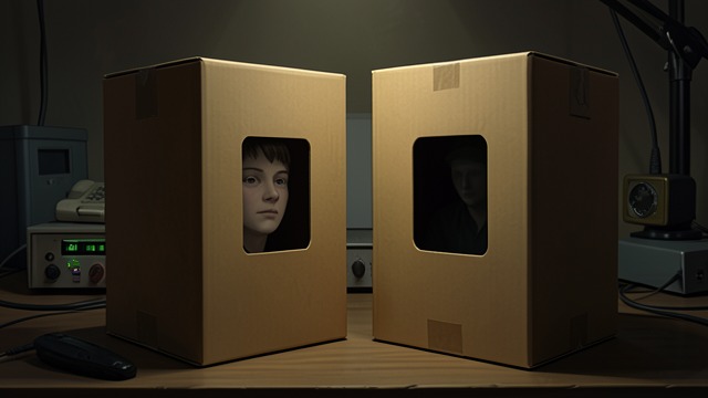The Doctor’s Replica from "The Box Man". A Box Like His Own Exact resemblance The narrator sees another box man whose cardboard, wear, and window resemble his own.