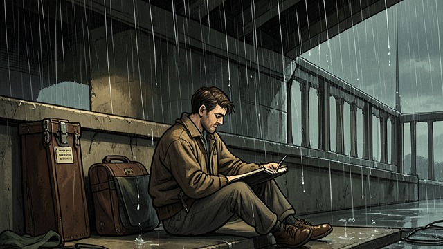 Rainbound Waiting from "The Box Man". Waiting Under the Bridge An exposed shelter The narrator waits at a canal beneath a bridge, writing notes as rain and truck noise fill the darkness.