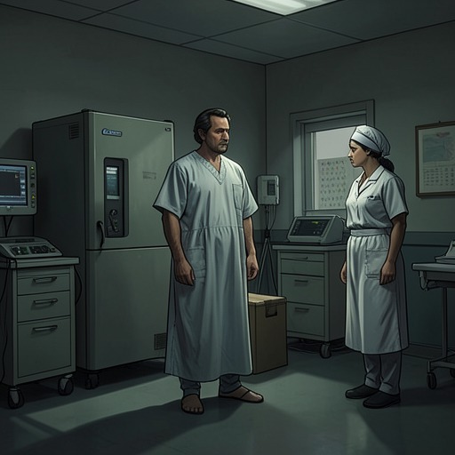 The Narrator’s Hospital Reckoning from "The Box Man". The wounded narrator’s visit to the clinic develops into a struggle over identity, the nurse, and the right to leave the box.