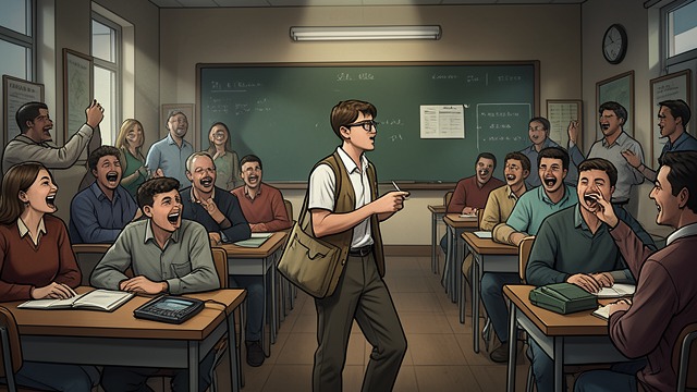 A New Student Arrives from "Sonne und Beton". Sanchez Enters the Class An introduction lost in the noise The principal brings Sanchez into a loud classroom and asks the students to welcome him.