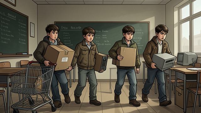 A Loud Route Out from "Sonne und Beton". The Escape Becomes Visible An Improvised Load The boys take computers and monitors from the storage room and carry them through a classroom window to a…