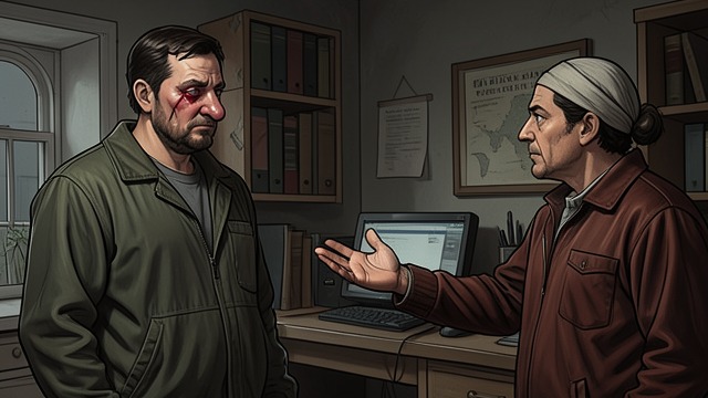 The Beaten Friend from "Sonne und Beton". The Beaten Friend An Unexpected Injury When Gino arrives at Julius’s home, Lukas immediately notices that his nose is swollen and one eye is bruised.