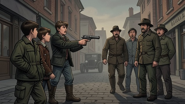 A Weapon on the Break-In from "Sonne und Beton". Recklessness at the Threshold A Gun for Reassurance Before the group enters the school, Julius shows that he has brought a blank-firing gun.
