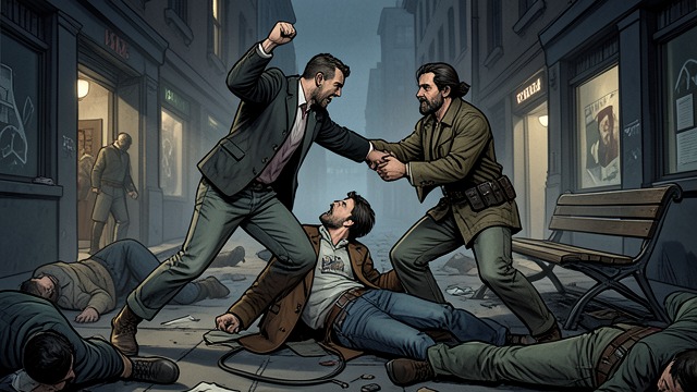 The Brawl Is Contained from "Sonne und Beton". Friends Enter the Fight Cem Strikes Back Cem punches Julius repeatedly and knocks him down, then kicks him.
