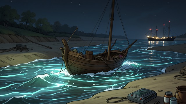 The Night Escape Route from "The Tigers of Mompracem". The Night Escape Route Repairs and Patience The pirates repair their damaged prahu and watch the cruiser from the river.