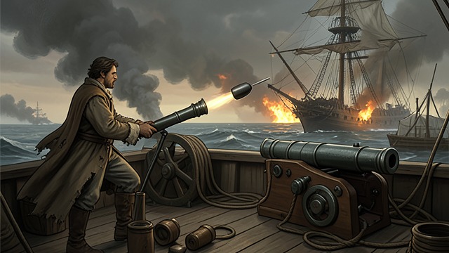 The Junk Engagement from "The Tigers of Mompracem". The Junk Engagement Fire Against the Junk Patan operates a cannon as the pirate ships attack the merchant vessel.