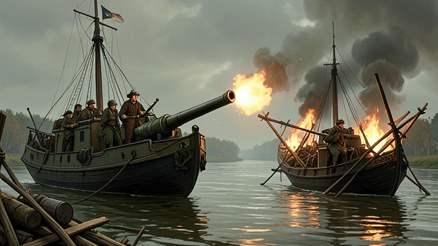 The First Cannon Exchange from "The Tigers of Mompracem". The First Cannon Exchange The Cruiser Opens Fire The British warship fires on the two prahus as they leave the river.