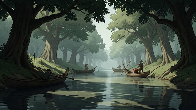 Choosing the River from "The Tigers of Mompracem". Choosing the River A Concealed Approach Sandokan directs the prahus up a narrow river and anchors beneath enormous trees.