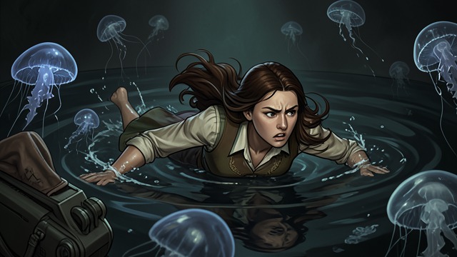 Swimming Through the Medusas from "Hot Milk". Facing the Sea Again A deliberate crossing Sofia swims among the Medusas as darkness falls, accepting more stings rather than avoiding the water.