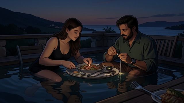 Dinner on the Terrace from "Hot Milk". An Invitation Accepted A meal together Sofia asks Juan to join her for supper, and he brings beer from the first-aid hut.