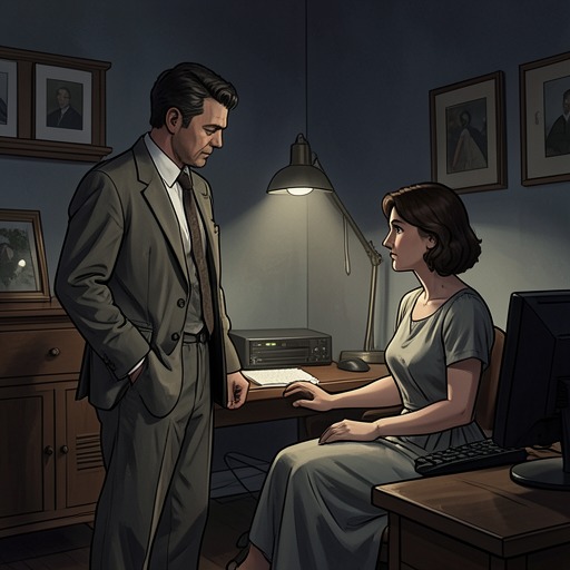 Junius and the Corporation from "Good Morning, Midnight". The online critic Junius challenges Ashur-Proffitt’s public image as Tony Kafka confronts the ethics of its business.
