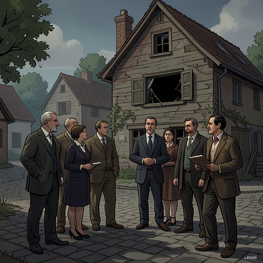 The Villagers and Moscow House from "Good Morning, Midnight". Local witnesses and the neglected house provide clues while showing how the tragedy disrupts an ordinary community.