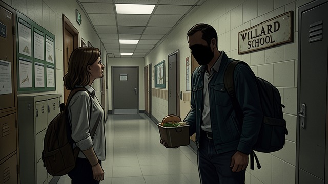Threat at the School from "Just One Look". Threat at the School Fear made specific At King’s Supermarket, a stranger tells Grace Lawson the name of Emma Lawson’s teacher and classroom.