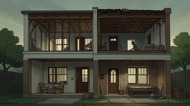 The Upper Flat Finished from "Rear Window". The Upper Flat Finished Uneven Progress The top apartment has been completed but remains unrented, while work continues on the floor below.