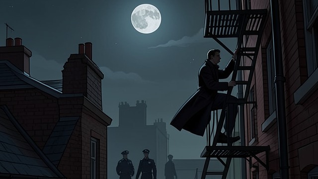 Flight to the Roof from "Rear Window". Flight to the Roof The Pursuit Begins After shooting at Hal, Lars tries to escape through the window and across the yards, fences, and fire escapes.