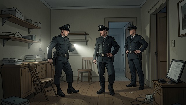 A Search Finds Nothing from "Rear Window". A Search Finds Nothing The Flat Examined Police officers search Lars's apartment while he is away, moving through the rooms and checking their contents.
