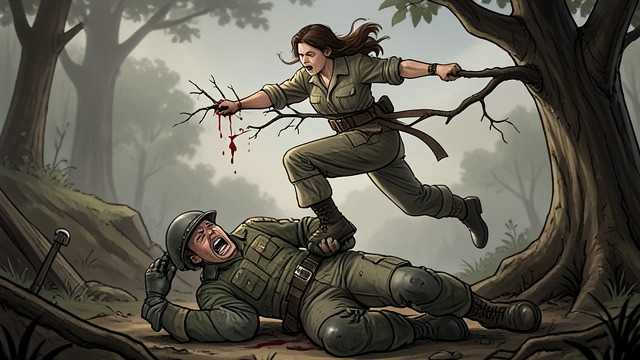 A Commander Taken from "Nevertheless". Mabel Gains the Advantage A Dangerous Opponent Mabel fights the enemy commander and uses the terrain and a tree branch to bring him down.