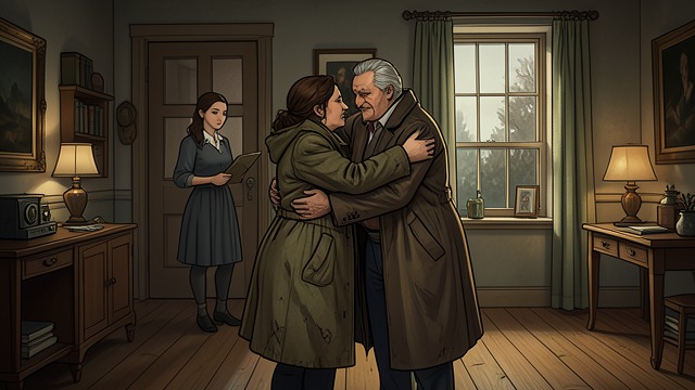 A Farewell Visit from "Nevertheless". The Home She Misses Returning to the Village Mabel visits her parents and embraces them in the familiar house.