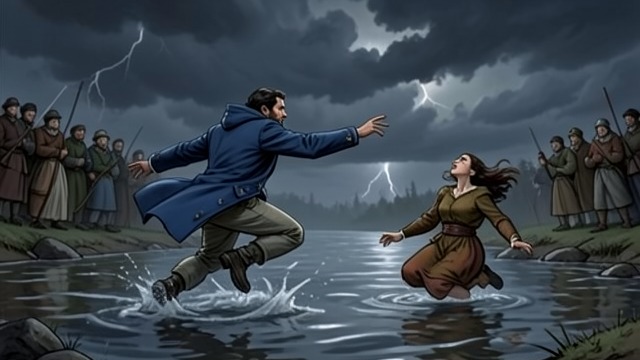 A Prince Risks His Life from "Nevertheless". Beyond the Safe Position A Rescue in the River Navi jumps into the water after Mabel when she falls from the bridge.
